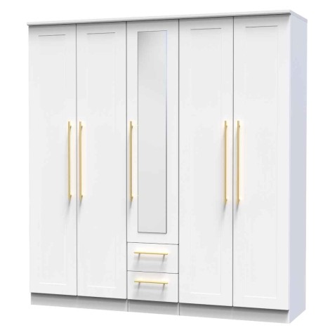 Haworth - White Matt Tall 5 Door 2 Drawers Centre Mirror Wardrobe