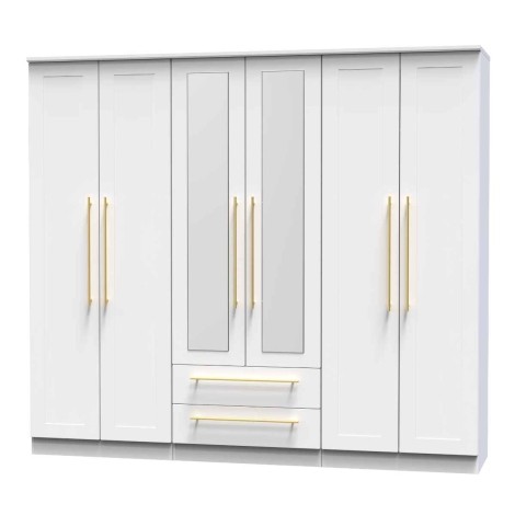 Haworth - White Matt Tall 6 Door 2 Drawers Centre Mirror Wardrobe