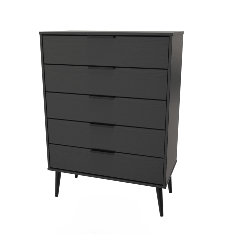 Hong Kong - Black - Chest of 5 Drawer - Black Wood Leg