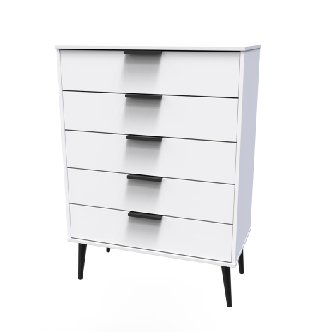 Hong Kong - White Matt - Chest of 5 Drawer - Black Wood Leg