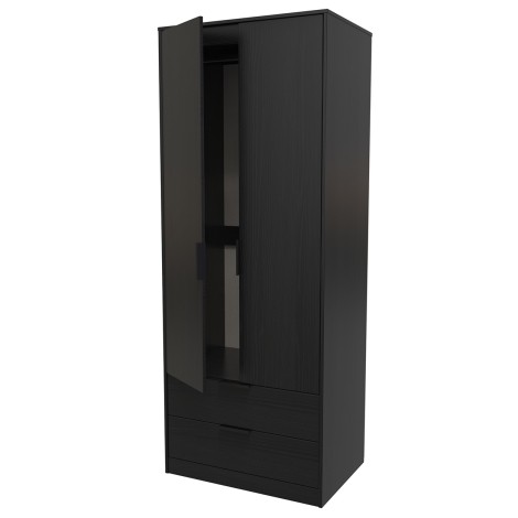 Hong Kong - Black - 2 Door 2 Drawer - Plain - Tall - Double Wardrobe - Black Handle