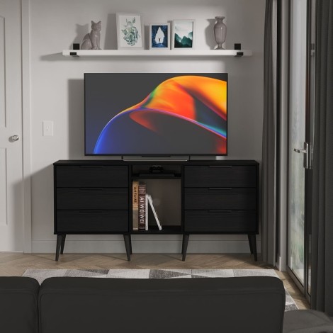 Hong Kong - Black - 6 Drawer - TV Unit - Black Wooden Legs