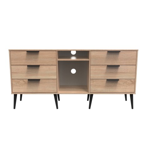 Hong Kong - Bardolino Oak - 6 Drawer - TV Unit - Black Wooden Legs