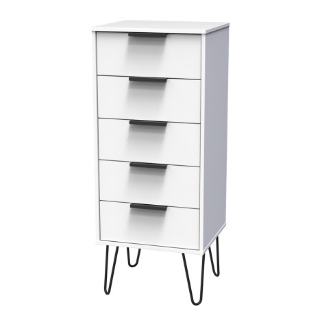 Hong Kong - White Matt - Narrow - Chest of 5 Drawer - Black Hairpin Leg