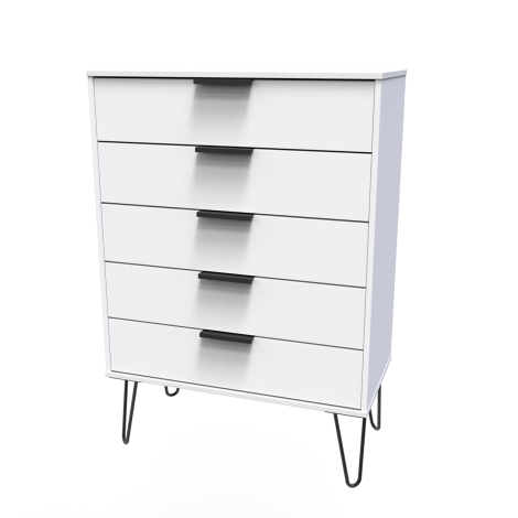 Hong Kong - White Matt - Chest of 5 Drawer - Black Hairpin Leg