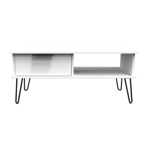 Hong Kong - White Matt - 1 Drawer - Coffee Table - Black Hairpin Legs