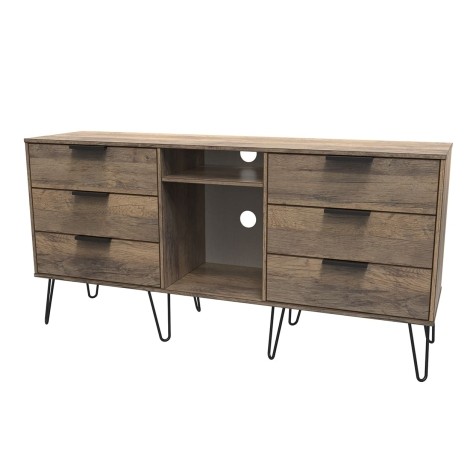 Hong Kong - Vintage Oak - 6 Drawer - TV Unit - Black Hairpin Legs
