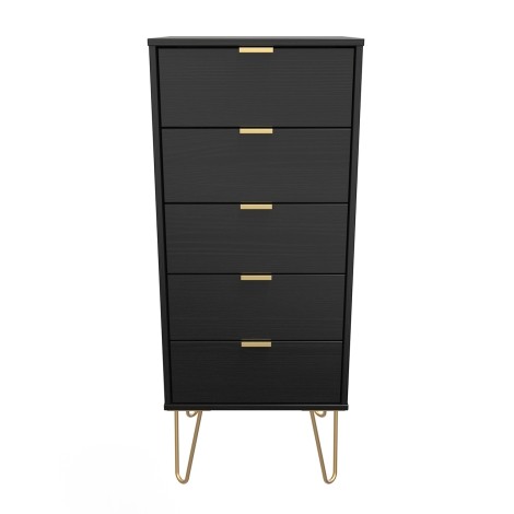 Hong Kong - Black - Narrow - Chest of 5 Drawer - Gold Hairpin Leg