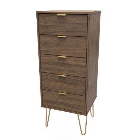 Hong Kong - Carini Walnut - Narrow - Chest of 5 Drawer - Gold Hairpin Leg