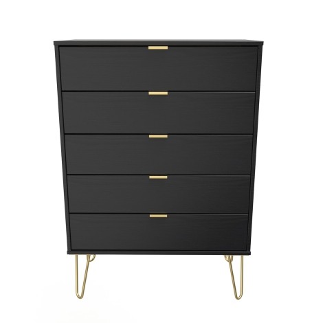 Hong Kong - Black - Chest of 5 Drawer - Gold Hairpin Leg