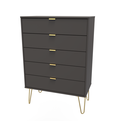 Hong Kong - Graphite - Chest of 5 Drawer - Gold Hairpin Leg