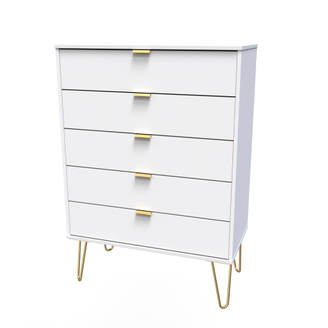 Hong Kong - White Matt - Chest of 5 Drawer - Gold Hairpin Leg