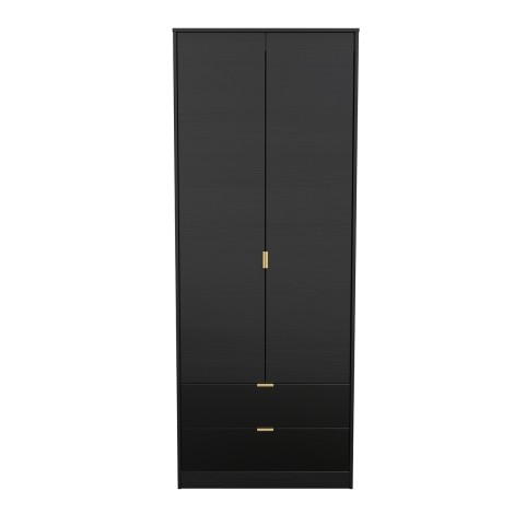 Hong Kong - Black - 2 Door 2 Drawer - Plain - Tall - Double Wardrobe - Gold Handle