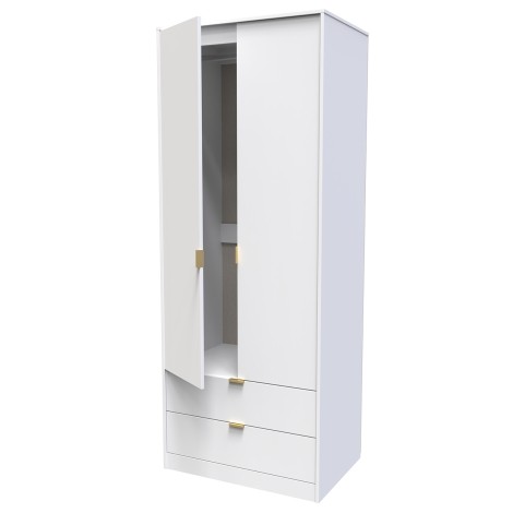 Hong Kong - White Matt - 2 Door 2 Drawer - Plain - Tall - Double Wardrobe - Gold Metal Handle