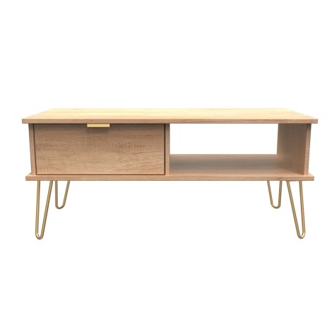 Hong Kong - Nebraska Oak - 1 Drawer - Coffee Table - Gold Hairpin Legs
