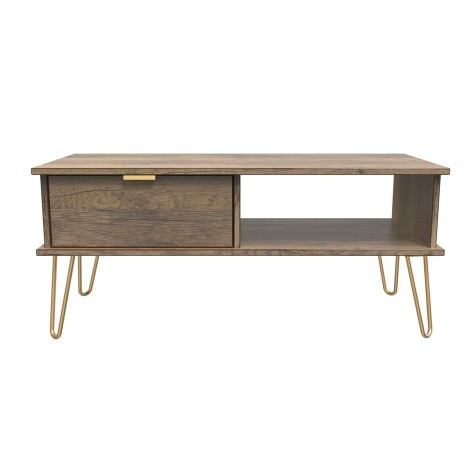 Hong Kong - Vintage Oak - 1 Drawer - Coffee Table - Gold Hairpin Legs