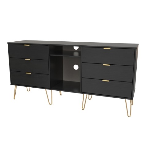 Hong Kong - Black - 6 Drawer - TV Unit - Gold Harpin Legs