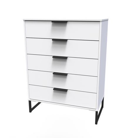 Hong Kong - White Matt - Chest of 5 Drawer - Black Sleigh Leg