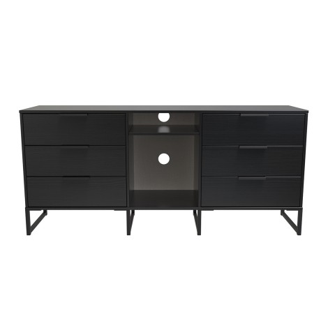 Hong Kong - Black - 6 Drawer - TV Unit - Black Sleigh Leg