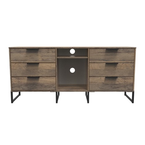 Hong Kong - Vintage Oak - 6 Drawer - TV Unit - Black Sleigh Legs