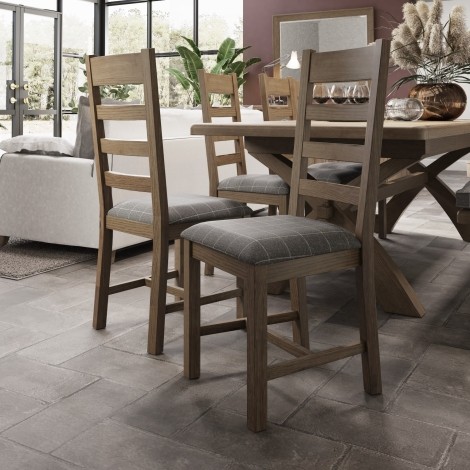 Pair Of - Hoxley - Smoked Oak - Check Grey - Slatted Chairs - Fabric Seat