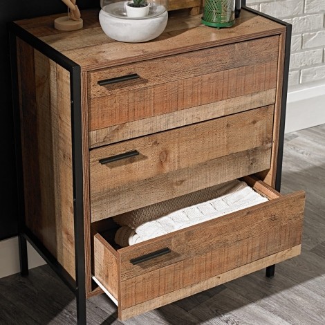 Hoxton -  Distressed Oak Effect - 3 Drawer Chest - Black Metal Frame