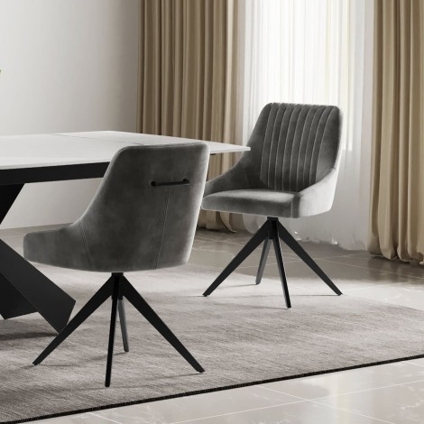 Hugo - 2x Light Grey Velvet Dining Chairs - Black Metal Legs