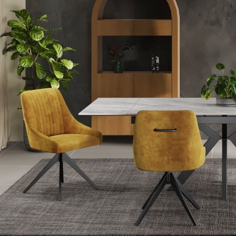 Hugo - 2x Mustard Velvet Dining Chairs - Stainless Steel Legs
