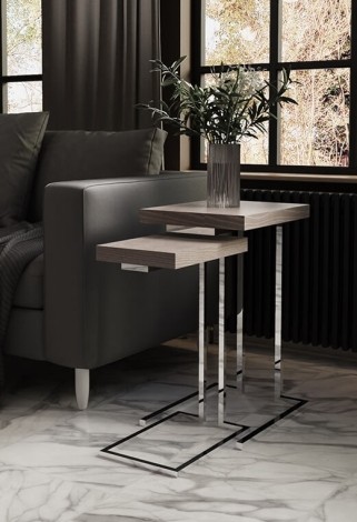 Idah - Contemporary - Silver Oak Top - Nest of 2 Sofa Tables - Chrome Legs