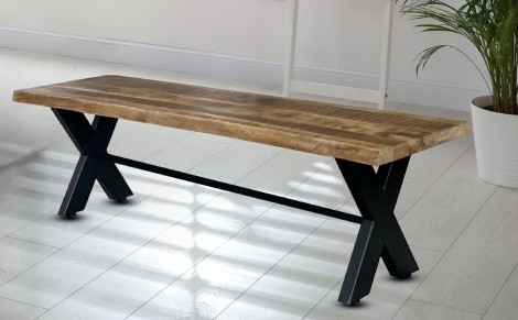 Kerela - Industrial Style - Solid Mango Wood - Brown - 160cm - Dining Bench - Black Metal X Leg