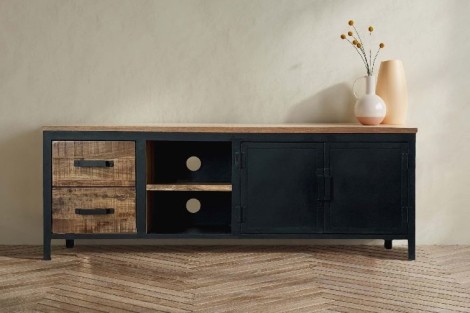 Induse - Industrial Style - Mango Wood - Brown - Large TV Cabinet - Black Metal Frame