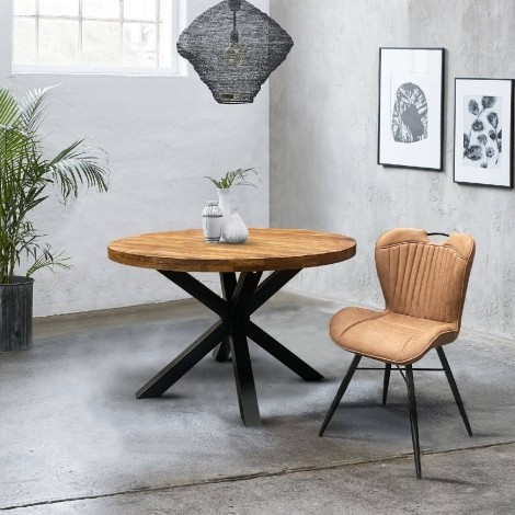 Industrial - Mango Wood - Brown - Round - 150cm/Six Seater - Dining Table & 2 Mala - Upholstered - Camel Fabric - Dining Chair - Black Metal Leg