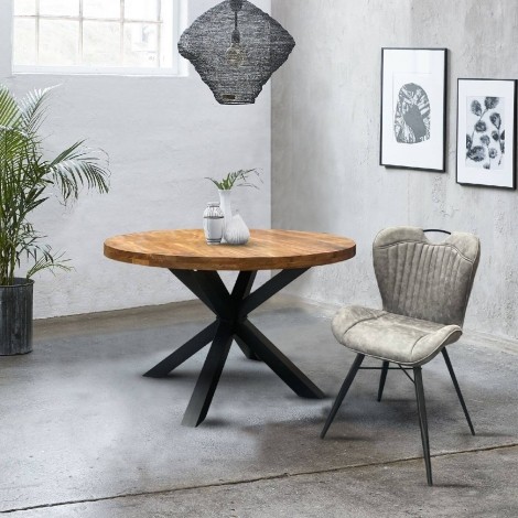 Industrial - Mango Wood - Brown - Round - 130cm/Four Seater - Dining Table & 2 Mala - Upholstered - Grey Fabric - Dining Chair - Black Metal Leg