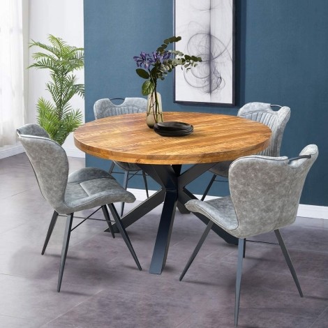 Industrial - Mango Wood - Brown - Round - 130cm/Four Seater - Dining Table & 4 Mala - Upholstered - Grey Fabric - Dining Chair - Black Metal Leg