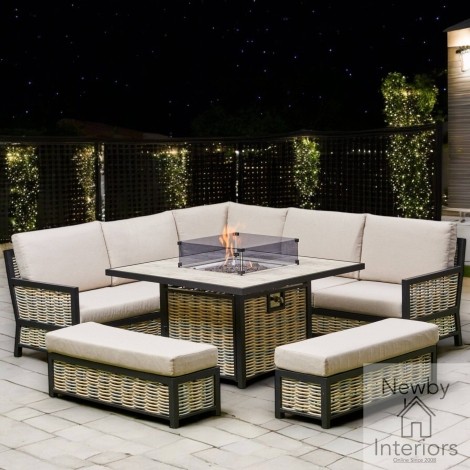 Ivy Outdoor Rattan & Aluminium Corner Fire Pit Dining Set In Beige