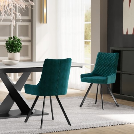 Jager - 2x Turquoise Velvet Dining Chairs - Black Metal Legs