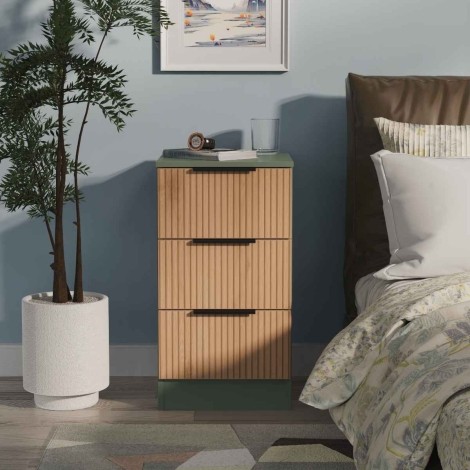 Java - 3 Drawer Bedside Cabinet / Bedside Table / Nightstand - Slatted Effect Front and Reed Green Base