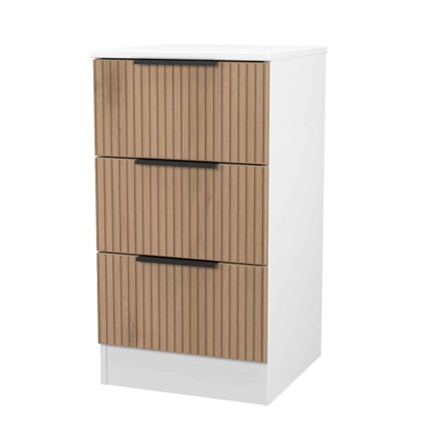 Java - 3 Drawer Bedside Cabinet / Bedside Table / Nightstand - Slatted Effect Front and White Matt Base