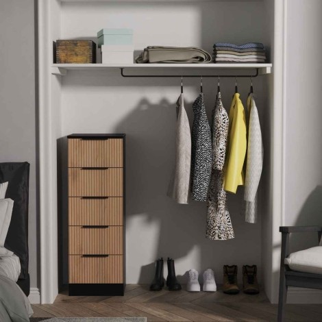 Java - 5 Drawer Bedside Cabinet / Bedside Table / Nightstand - Slatted Effect Front and Black Matt Base