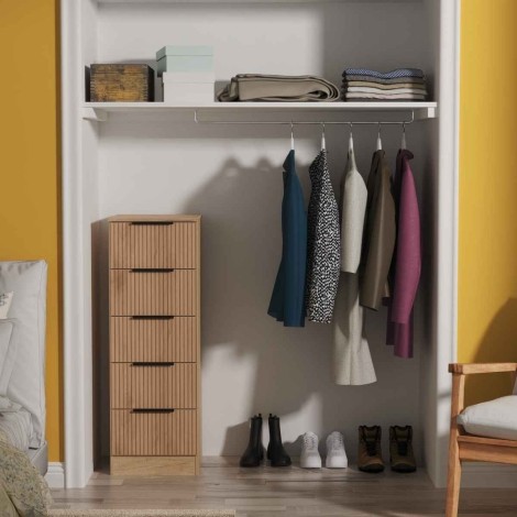 Java - 5 Drawer Bedside Cabinet / Bedside Table / Nightstand - Slatted Effect Front and Nebraska Base