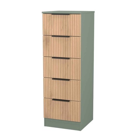 Java - 5 Drawer Bedside Cabinet / Bedside Table / Nightstand - Slatted Effect Front and Reed Green Base