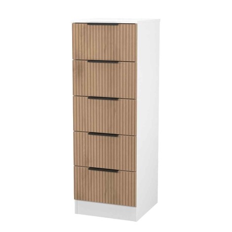 Java - 5 Drawer Bedside Cabinet / Bedside Table / Nightstand - Slatted Effect Front and White Matt Base