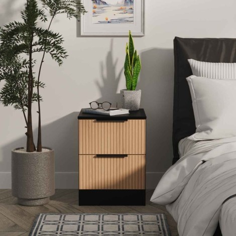 Java - 2 Drawer Bedside Cabinet / Bedside Table / Nightstand - Slatted Effect Front and Black Matt Base