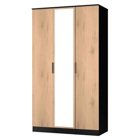Java - 3 Door Triple Tall Mirror Wardrobe - Slatted Effect Front and Black Matt Base