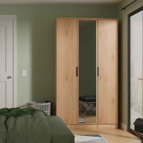 Java - 3 Door Triple Tall Mirror Wardrobe - Slatted Effect Front and Nebraska Base