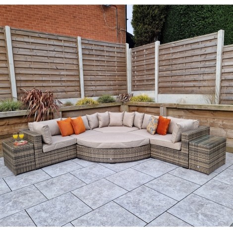 Jessica Outdoor Large Corner Sofa With Daybed Poof, Mixed Brown Weave
