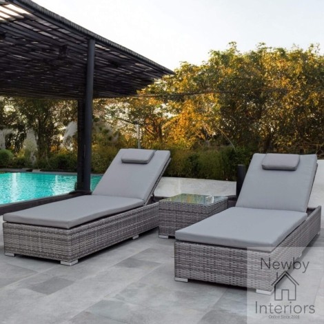 Jessica Outdoor Pair Of Sun Loungers With Drinks Table, Mixed Grey Weave