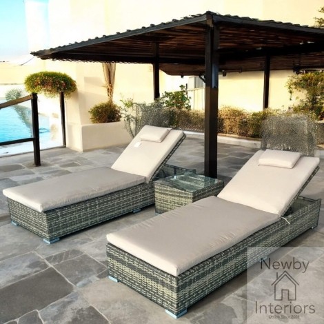 Jessica Outdoor Pair Of Sun Loungers With Drinks Table, Mixed Brown Weave