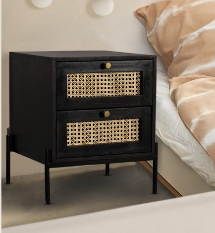 Rattan Bedside Table 2 Drawer Mango Wood