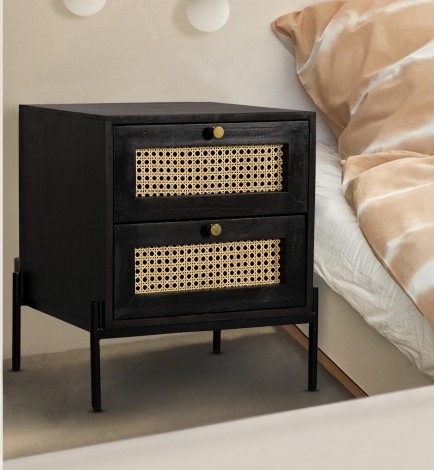 Rattan - Black - Mango Wood - 2 Drawer - Side Table / Lamp Table / End Table - Metal Legs